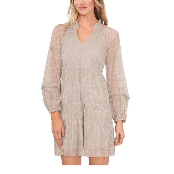 NWT CeCE Split Neck Champagne Metallic Long Sleeve Dress. Size Large. - Picture 1 of 8